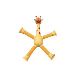 Flexibles gelbes Giraffen-Sensorikspielzeug mit einziehbaren Wellrohr-Gliedern und Saugnäpfen