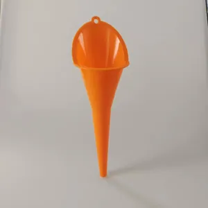 Bright orange plastic long-neck funnel for automotive engine oil and fuel filling