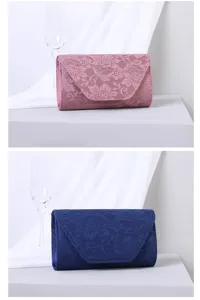 Detailansicht eleganter Abendtaschen aus Spitze in Altrosa und Dunkelblau für Damen