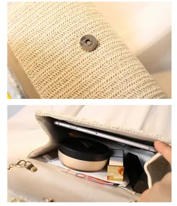 Detailansicht der gewebten Strohtasche Innenkapazität und Magnetverschluss