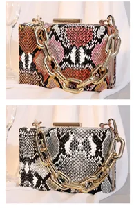 Elegante Clutch-Taschen aus PU-Leder mit Schlangenmuster und klobigen goldenen Acrylketten