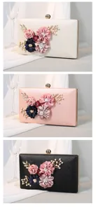 Detailansicht eleganter Blumen-Abendtaschen in Champagner, Rosa und Schwarz für festliche Anlässe.