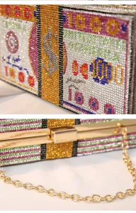 Nahaufnahme einer luxuriösen Abendtasche mit funkelndem Strass-Dollar-Muster in Rosa