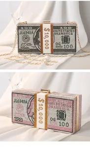 Detailansicht luxuriöser Strass-Abendtaschen mit Dollar-Geldschein-Designs in verschiedenen Farben