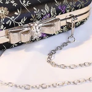Vintage bestickte Abendtasche mit Strass-Schmetterlingsverschluss und Silberkette