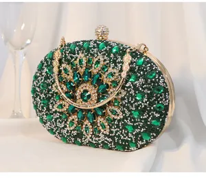 Luxuriöse grüne und silberne Abendtasche mit Strassbesatz für elegante Gala