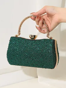 Elegante grüne Abendtasche mit funkelnden Strasssteinen und goldenem Griff für Damen