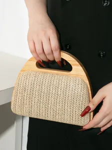 Damen Vintage Strohgeflecht Abendtasche Holzgriff Harte Box Clutch Hochzeit Party Urlaub Umhängetasche Kette Geldbörse