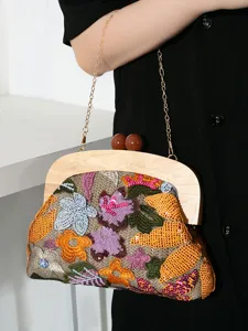 Handmade Straw Evening Bag Floral Embroidered Sequin Wood Handle Clutch Handbag With Metal Chain For Women Party Banquet Bag