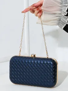 Pochette de soirée élégante en PU tressé bleu marine avec bandoulière chaîne