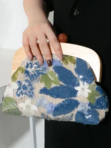 Handmade straw woven evening clutch bag with sequin floral embroidery and wooden handle