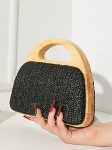 Handgefertigte gewebte Stroh-Clutch mit elegantem, rundem Griff aus echtem Massivholz