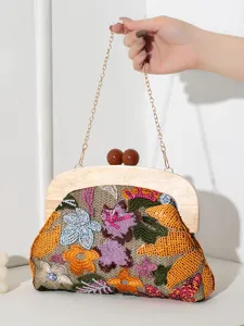 Elegant handcrafted evening clutch with floral embroidery, sequins and natural wooden handle