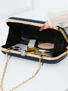 Pochette de soirée en PU tressé bleu marine avec cadre doré et intérieur spacieux