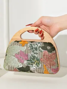 Handmade sequin embroidered evening bag featuring solid wooden handle and floral motifs