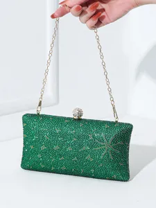 Elegante grüne Abendtasche mit Strasssteinen und Goldkette für Hochzeitsfeiern