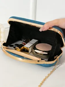 Blaue Glitzer-Abendtasche mit goldenem Metallgriff und Kette für Damen-Events