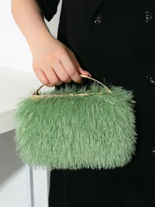 Elegante hellgrüne Abendtasche mit Federn und goldenem Metallgriff für Damen