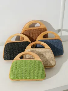 Handgefertigte Stroh-Clutch-Abendtaschen mit Massivholzgriffen in verschiedenen Farben
