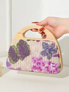 Handmade women's floral sequin embroidered straw woven evening bag with solid wood handle