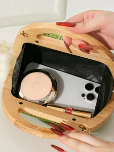 Elegante Abendtasche aus Strohgeflecht mit edlem Massivholzrahmen und Griff Damen