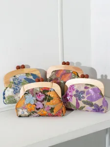 Handmade straw clutch bag set with floral embroidery and sequins for evening events