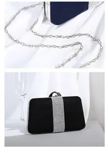 Nahaufnahme und Vollansicht einer eleganten Samt-Abendtasche mit glitzerndem Strass
