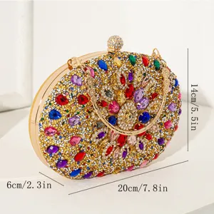 Pochette de soirée ovale de luxe avec strass colorés et dimensions de produit indiquées
