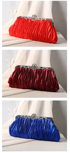 Elegante Abendtaschen aus plissiertem Satin in Rot, Burgund und Blau für Damen