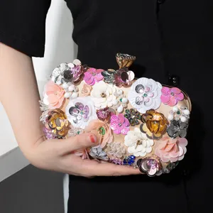 Bolso de Noche Floral con Abalorios Hechos a Mano Mujer Retro Strass Bolso de Mano Lentejuelas Flores 3D Banquete Boda