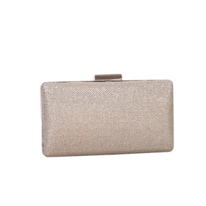 Elegante funkelnde champagnergoldene Abendtasche im rechteckigen Design mit Metallverschluss.