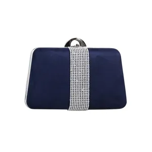 Elegante dunkelblaue trapezförmige Abendclutch mit einem funkelnden Strassband