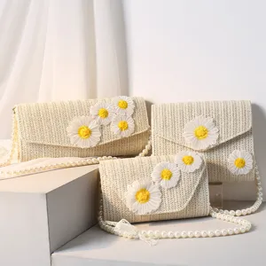 Handgewebte Gänseblümchen Strohtasche Für Damen Perlenkette Schulter Umhängetasche Süße Blumenstickerei Sommer Strandtasche