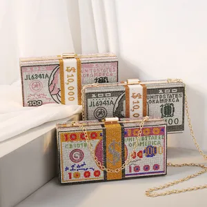 Luxuriöse Damen Strass Dollarschein Abendtasche PVC Hartschale Geldbeutel Handtasche Mit Metallkette Für Bankett Party