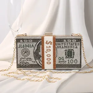 Luxuriöse Abendhandtasche mit Dollar-Motiv und Strasssteinen mit goldener Kette