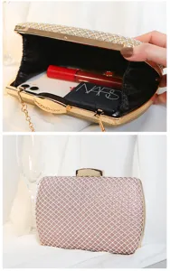 Detailed view of rhinestone evening clutch showing interior storage and exterior sparkle.