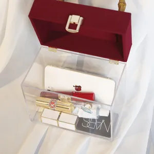 Elegante transparente Acryl-Hochzeitsgeschenkbox mit burgunderrotem Samtdeckel und Bambusgriff