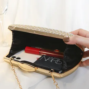 Elegant gold glitter square evening box clutch bag with diamond details and interior view