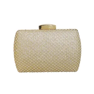 Elegant sparkling gold rhinestone evening clutch bag for women's party and formal events.
