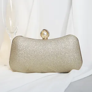 Elegante champagnergoldene Glitzer-Abendtasche mit Perlenverschluss für Hochzeiten und Feste