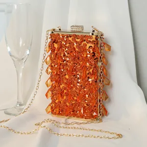 Elegante handgefertigte orangefarbene Perlen-Abendtasche mit Pailletten und Goldkette