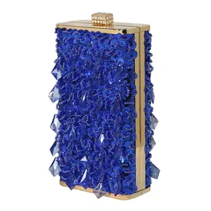 Vintage handgefertigte königsblaue Abendtasche mit Perlenbesatz und Kristallen