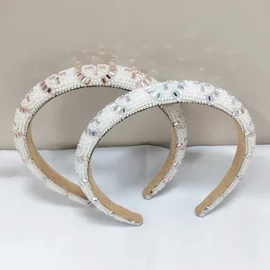 Diadema Estrecha de Perlas Artificiales y Cristal de Moda Aro de Pelo con Parte Superior de Cráneo Alta Accesorios para el Cabello