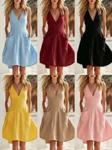 Women V Neck Sleeveless Dress Casual Solid Color Loose Midi Dress With Big Pockets A-Line Pullover Beach Dress