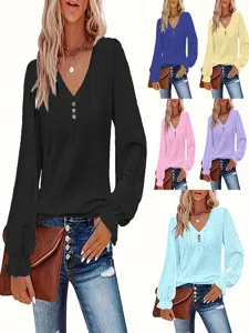 Women Plus Size Eyelet V-Neck T-Shirt Long Sleeve Ruffle Cuff Top Casual Solid Color Polyester Blouse Spring Autumn