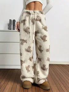 Women Warm Fleece Casual Long Pants Printed Cartoon Bear Drawstring High Waist Wide Leg Trousers Homewear Bottoms for Autumn Winter