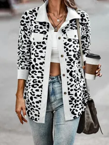 Modische Damen Cordjacke mit Leopardenmuster, klassischer Knopfleiste und langen Ärmeln