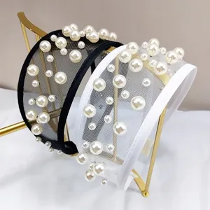 Damen Leicht Luxus Netz Künstliche Perle Haarband Elegant Breitkrempig Netzgewebe Strass Perlen Stirnband Mode Haarschmuck