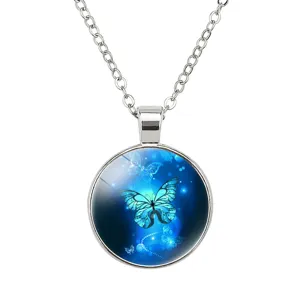 Silver-toned 25mm circular pendant necklace featuring a glowing blue butterfly design.