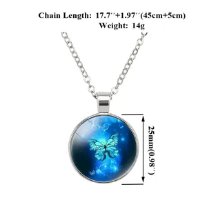 Detail view of 25mm butterfly pendant necklace with chain length specifications